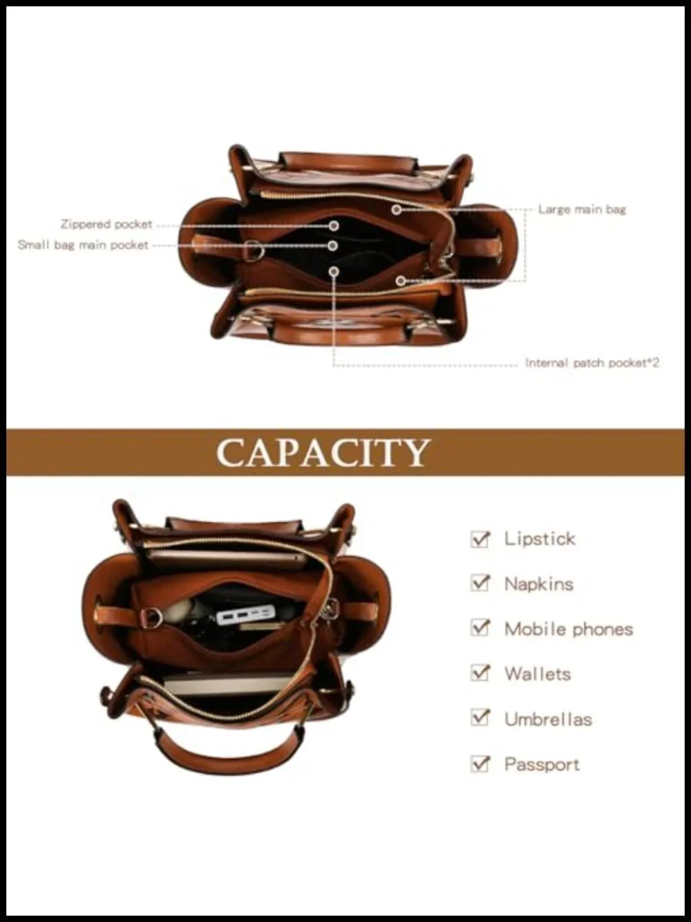 Embossed Vegan Leather Top Handle Satchel Bag Set with Detachable Pouch - Large